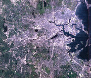 A simulated-color satellite image of the Boston area taken on NASA's Landsat 3.