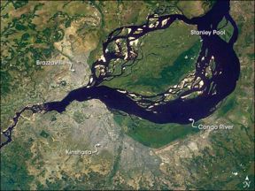 Image of Kinshasa and Brazzaville, taken by NASA; the Congo River is visible in the center of the photograph
