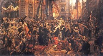 May 3rd Constitution (painting by Jan Matejko, 1891). King Stanisław August (left, in regal ermine-trimmed cloak), enters St. John's Cathedral, where Sejm deputies will swear to uphold the new Constitution; in background, Warsaw's Royal Castle, where the Constitution has just been adopted.