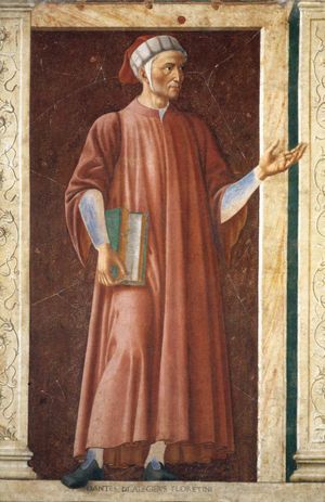 Dante in a fresco series of famous men by Andrea del Castagno, ca. 1450 (Uffizi Gallery).