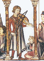 A musician plays the vielle in a 14th century medieval manuscript.
