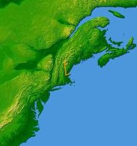 The Merrimack River, formed by the confluence of the Pemigewasset River (left) and Winnipesaukee River (right) is shown on a map of the northeastern United States