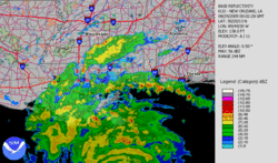 Radar image of Hurricane Katrina making its second and third landfalls.