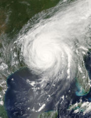 Hurricane Katrina following its third landfall, but still at hurricane strength, over southern Mississippi