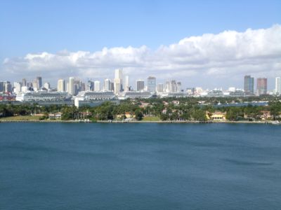 Miami skyline from Miami Beach showing 6 cruise ships docked at Port of Miami 1/10/06.  Photo: Marc Averette