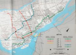 1976 Montreal Metro map, with planned extensions to Lines 2 Orange and 5 Blue