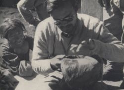 Dr. Biswamoy Biswas examining the Pangboche Yeti scalp during the Daily Mail Snowman Expedition of 1954