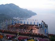 The annual Festival of Ravello is a popular music venue in Italy. Here, an orchestra starts to set up on a stage overlooking the Amalfi coast.
