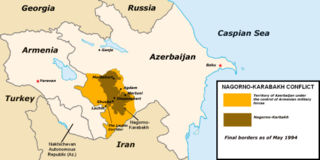 The final borders of the conflict after the 1994 cease-fire was signed. Armenian forces currently control 14% of Azeri territory.