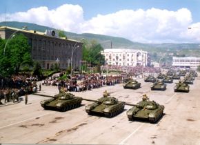 T-72s of the Nagorno-Karabakh Defense force on parade in Stepanakert's main square in May, 1995.