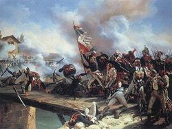 Napoleon leads troops over bridge at Arcole. Bonaparte had a reputation for leading from the front and inspiring spectacular morale.