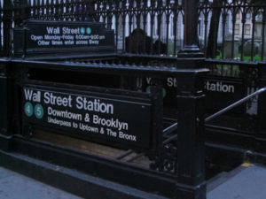 Entrance to the IRT Lexington Avenue Line at Wall Street, leading to the southbound ("Downtown & Brooklyn") platform