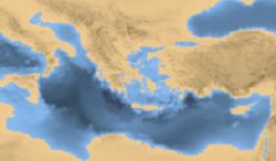 Map of eastern Mediterranean and Greece during 10.000 BCE.