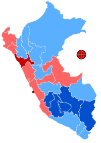 Geographic distribution of Second Round votes, by winning candidate.  ██ Alan García, >2/3 of valid votes ██ Alan García, <2/3 of valid votes ██ Ollanta Humala, >2/3 ██ Ollanta Humala, <2/3