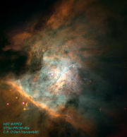 Panoramic image of the center of the nebula, taken by the Hubble Telescope. This view is about 2.5 light years across. The Trapezium is at center left. Credit:NASA.