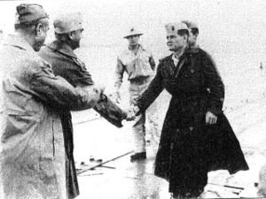  Major General Pedro del Valle (second from left) is greeted by Colonel Puller (Chesty) on Pavuvu in late October 1944, while Major General Rupertus (far left) looks on