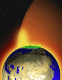 The Earth's "plasma fountain", showing oxygen, helium, and hydrogen ions that gush into space from regions near the Earth's poles. The faint yellow area shown above the north pole represents gas lost from Earth into space; the green area is the aurora borealis-or plasma energy pouring back into the atmosphere. 