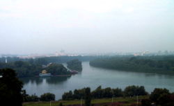 The confluence of the Sava into the Danube at Belgrade. The river to the left is Sava. The land to the right of the picture is the "Veliko Ratno Ostrvo" island in the Danube.