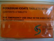An unopened box of Potassium iodate tablets, produced and distributed to the population of the Republic of Ireland following a preparedness scandal relating to the Sellafield nuclear power station in the United Kingdom.
