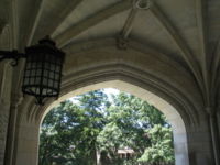 Many campus buildings have neo-Gothic archways and lanterns
