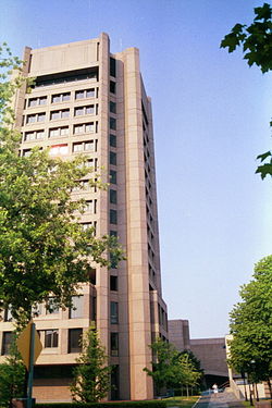 Fine Hall, the home of the Department of Mathematics. It is the tallest building on campus, although its height above sea level is not higher than the University Chapel, significantly uphill from Fine.