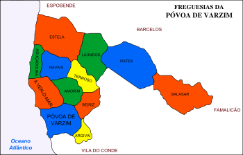 Map with the 12 civil parishes of Póvoa de Varzim.