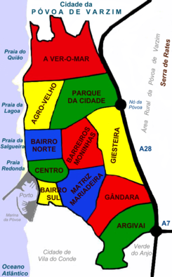 The city of Póvoa de Varzim is located in a total area of 12.8 km² (4.94 mi²) and is divided in eleven districts.