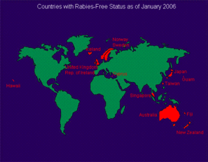 Countries with Rabies-Free status (in red), as of January 2006