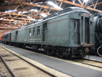 Chicago, Burlington and Quincy Railroad #1926, a heavyweight RPO preserved at the Illinois Railway Museum.