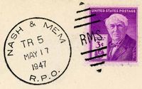 Unique R.P.O. postal cancellation applied to mail handled in the railway post office car of Nashville & Memphis train No. 5.