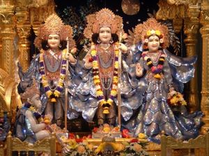 Deities of Sri Sri Sita (far right), Rama (center), Lakshmana (far left) and Hanuman (below seated) at Bhaktivedanta Manor, Hare Krishna temple in Watford England