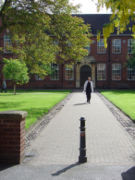 Long walk with the science block in the distance, note the small school crest in the foreground, featuring the three Black Pears.
