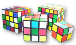 Variations of Rubik's Cubes (from left to right: Rubik's Revenge, Rubik's Cube, Professor's Cube, & Pocket Cube)