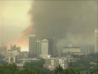 A rare F2 tornado rips through downtown Salt Lake City on August 11, 1999 (orange fireball is substation exploding)