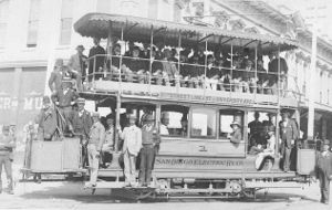 SDERy double-decker Car No. 1 pauses at the intersection of 5th Street & Market Street during its inaugural run on September 21, 1892.