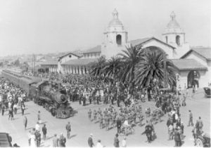 The first SD&A through passenger train "arrives" in San Diego on December 1, 1919 to officially open the line.