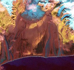 A satellite image of the Skeiðarársandur in Iceland