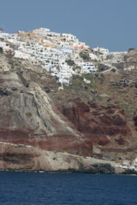 Houses built on the edge of the volcano at Santorini.