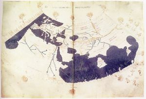 A 15th century depiction of the Ptolemy world map, reconstituted from Ptolemy's Geographia (circa 150), indicating the countries of "Serica" and "Sinae" (China) at the extreme right, beyond the island of "Taprobane" (Sri Lanka, oversized) and the "Aurea Chersonesus" (Malay Peninsula).