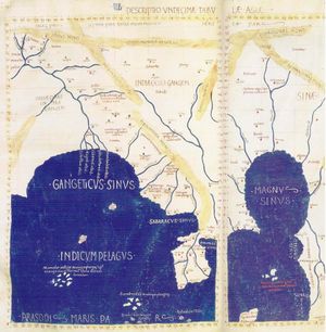 Detail of Asia in Ptolemy's world map. Gulf of the Ganges left, Southeast Asian peninsula in the center, China Sea right, with "Sinae" (China).