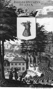 The coat of arms of Scania in an engraving from 1712, at the time of the Scanian rebellions.