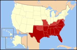 Southern United StatesThe states shown in dark red are usually included in the South, while all or portions of the striped states may or may not be considered part of the Southern United States. All the red and striped states  were slave states in 1860 (except Oklahoma, which was Indian Territory at the time, a slave territory).