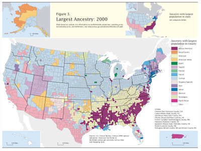 Plurality ancestry per US county, 2000:  German  English  Norwegian Finnish Dutch  Mexican  Spanish  Native  "American"   African Irish  French Italian  