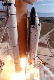 Columbia lifting off on its final mission.  The light-colored triangle visible at the base of the strut is the Left Bipod Foam Ramp.    Video 