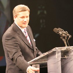 Stephen Harper gives a victory speech to party  faithful in Calgary after his Conservatives won the 2006 federal election.