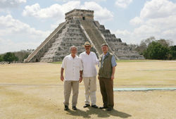 President George W. Bush, former President of Mexico, Vicente Fox and Canada's Prime Minister Stephen Harper stand in front of the Chichen Itza archaeological ruins March 30, 2006.