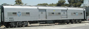 Animal car #RBBX 63009 from the Ringling Brothers and Barnum & Bailey Circus Train "Blue Unit" in July, 2002. The animal loading ramps stow directly under the doors on the underside of the car.