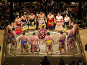 Sumo wrestlers gather in a circle around the Gyoji (Referee) in a pre-fight ceremony.