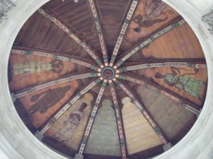 The restored ceiling of the temple. The empty sections were never completed .
