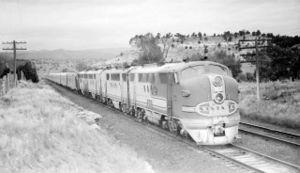 A quartet of EMD FT locomotives powers train No. 17, the Super Chief, west of Trinidad, Colorado on September 1, 1946.